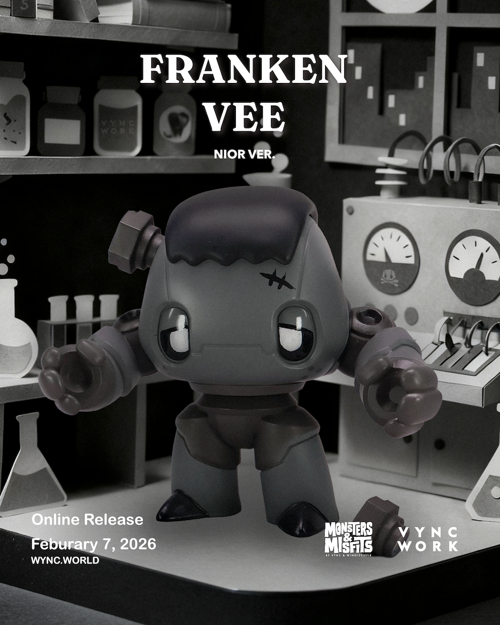 MINI FRANKENVEE NOIR black and grey Frankenstein art toy, 6cm designer collectible