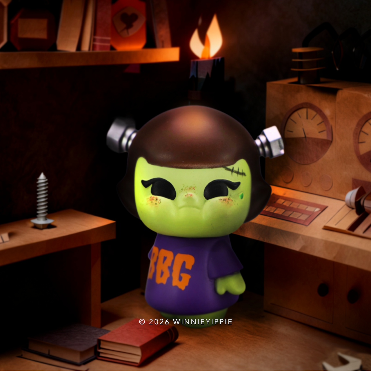 BBG Monsters & Misfits Frankenstein art toy in workshop story scene
