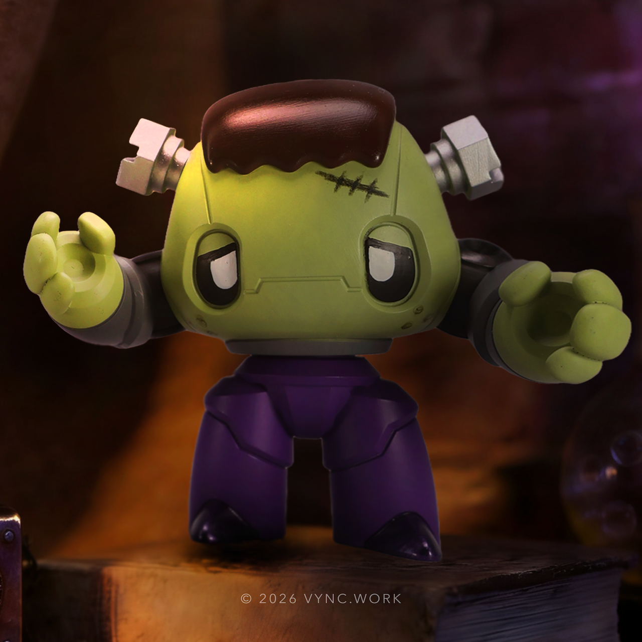 Monsters & Misfits Frankenstein inspired art toy front view arms raised with background
